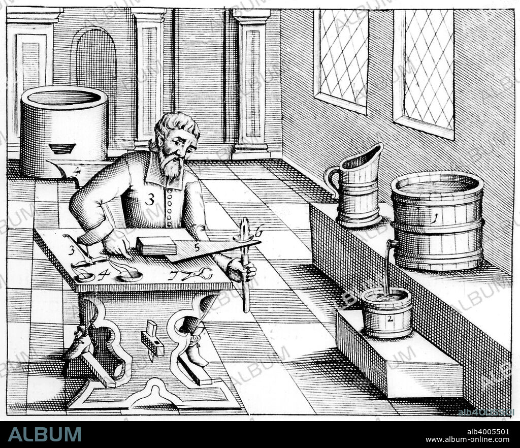 Checking the quality of saltpetre (nitre, potassium nitrate, or KN03), 1683. Saltpetre is the principal ingredient in gunpowder, and is still used in the preservation of some foods.  In medicine it was used internally as a diuretic, but now is only used externally for a number of conditions, such as asthma. From a 1683 English edition of Beschreibung allerfurnemisten mineralischen Ertzt by Lazarus Ercker. (Prague, 1574).