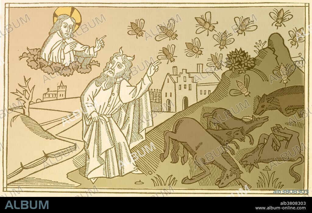 "Behold the hand of the lord is upon thy cattle." Woodcut depicting God sending disease to kill the livestock of Egypt, from the Ninth German Bible (Cologne Bible), 1483. The Plagues of Egypt were ten calamities that, according to the biblical Book of Exodus, Israel's God, Yahweh, inflicted upon Egypt to persuade Pharaoh to release the Israelites from slavery. The fifth plague of Egypt was an epidemic disease which exterminated the Egyptian livestock; that is, horses, donkeys, camels, cattle, sheep and goats.
