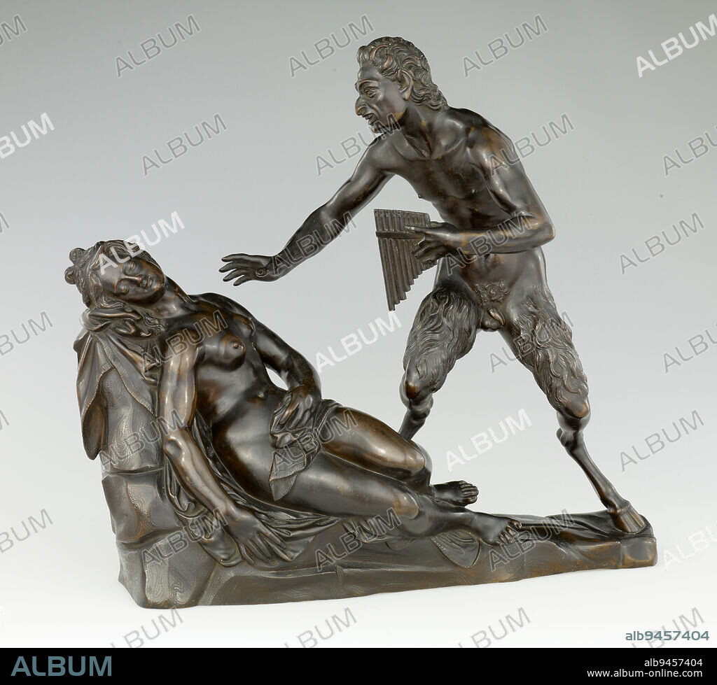 Satyr and Nymph, 17th century, Ferdinando Tacca, 1577-after 1641, 14 1/4 x 15in. (36.2 x 38.1cm), Bronze, Italy, 17th century, A mostly nude nymph slumbers against a rock, while a half-man, half-goat Satyr reaches toward her. What are his intentions, and what happens next' In Renaissance and Baroque symbolism, the female figure often stands for the human soul, whereas the maleespecially when characterized by a Satyr or other hybrid animalsymbolizes the bodily forces of hunger, thirst, and sexual lust. This sculpture presents a pivotal, open-ended moment, and the viewer is left to imagine what follows. In the 1600s, this kind of artwork was used as a conversation piece that prompted intellectuals to ponder the meaning and the conclusion of the scene.