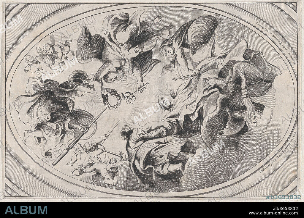 Apotheosis of James I, with the king seated at the bottom, an eagle below him, two angels holding a laurel above him, surrounded by putti. Artist: After Peter Paul Rubens (Flemish, Siegen 1577-1640 Antwerp); Lucas Vorsterman II (Flemish, 1624-after 1666). Dimensions: Sheet (Trimmed): 12 1/16 × 7 15/16 in. (30.6 × 20.1 cm). Publisher: Frans van den Wyngaerde (Flemish, Antwerp 1614-1679 Antwerp). Date: ca. 1639-66.
An oval composition.