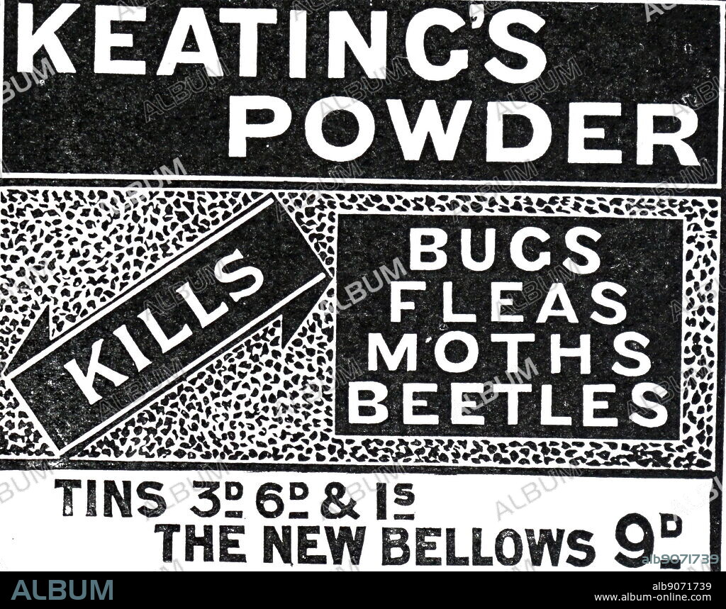 An advertisement for "Keating's Powder" insecticide which kills bugs, fleas, moths and beetles. Dated 20th century.