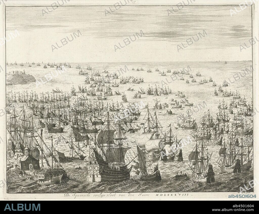 Downfall of the Spanish Armada, 1588 The Spanish war fleet of the Jaere MDLXXXVIII (title on object), Downfall of the Spanish Armada or Invincible Fleet, between 31 July and 12 August 1588. Battle between the Spanish and combined English and Dutch fleets in the Channel. In the foreground a large Spanish frigate is being shot at by a small Dutch ship with the banner of the city of Leiden, on the left a galley, battle (naval force), English Channel, Jan Luyken (mentioned on object), Amsterdam, 1679 - 1684, paper, etching, h 272 mm × w 351 mm.