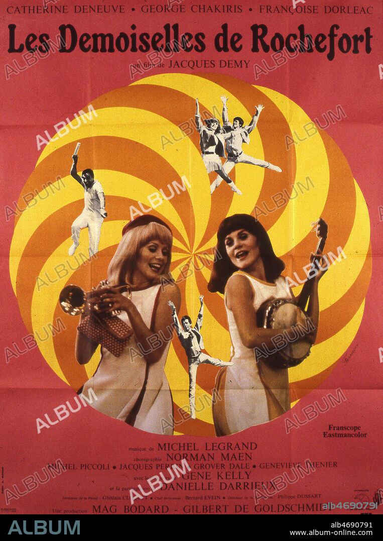 Affiche du film 'Les demoiselles de Rochefort' illustree par Rene FERRACCI (1927-1982) et realise en 1967 par Jacques DEMY (1931-1990) avec Catherine DENEUVE (NEE EN 1943) et Francoise DORLEAC (1942-1967). ADAGP. Credit : Coll. Perron/KHARBINE-TAPABOR.