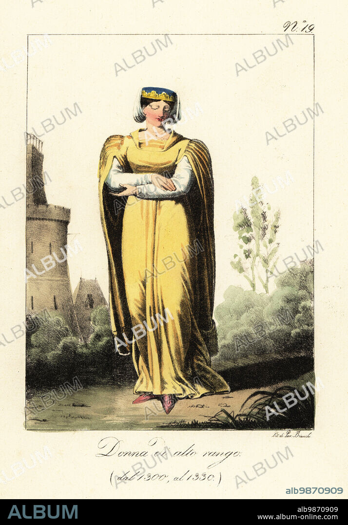 Costume of a French noble woman, early 14th century. In coronet and caul, gown with long sleeves open from the shoulder, pink slippers. Femme du haut rang (de 1300 a 1330). Handcoloured lithograph by Lorenzo Bianchi after Hippolyte Lecomte from Costumi civili e militari della monarchia francese dal 1200 al 1820, Naples, 1825. Italian edition of Lecomtes Civilian and military costumes of the French monarchy from 1200 to 1820.