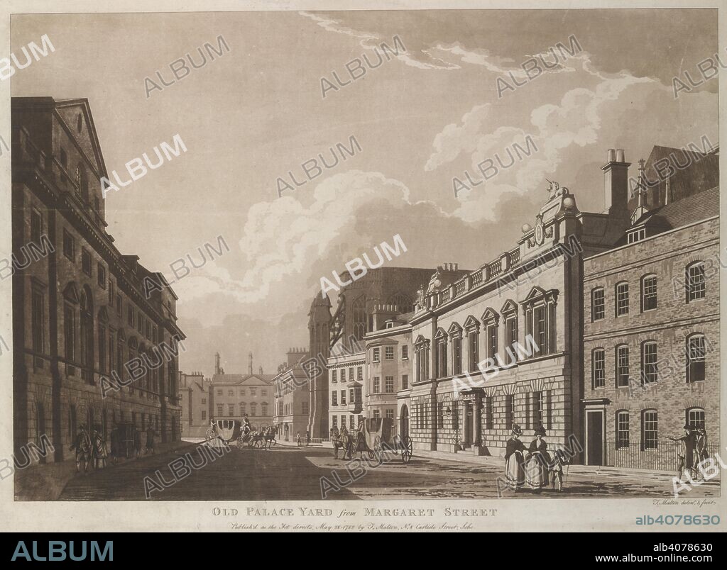 THOMAS MALTON. A view down a street in Westminster looking towards Old Palace Yard. Grand buildings on either side, two carriages on the street, a sedan chair on the pavement to left, other elegantly dressed figures to the left and right . OLD PALACE YARD from MARGARET STREET. Published as the Act directs May 28 1782 by T. Malton No.8 Carlisle Street, Soho. Sepia aquatint and etching. Source: Maps K.Top.22.16. Language: English.