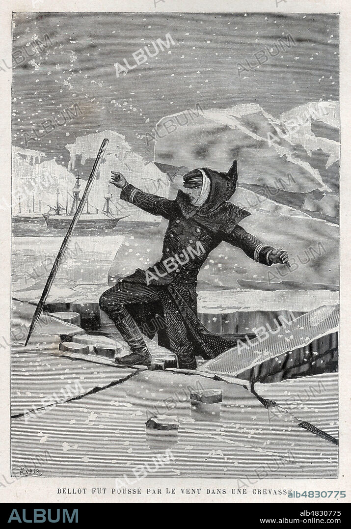 Joseph-Rene BELLOT (1826-1853) fut pousse par le vent dans une crevasse. Illustration de SAHIB (1847-1919) vers 1880 pour Nouvelle Histoire des Voyages par Richard CORTAMBERT (1836-1884). Credit : Collection Jonas/Kharbine-Tapabor.