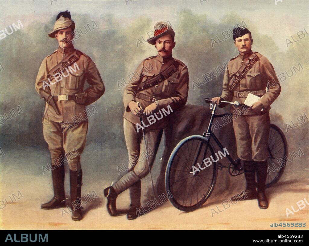 JE BRUTON. 'South African Light Horse (Trooper), Brabant's Horse (Trooper), Duke of Edinburgh's Volunteer Rifles (Dispatch Rider)', 1900. The South African Light Horse regiment of the British Army were raised in Cape Colony in 1899 and disbanded in 1907 From "South Africa and the Transvaal War, Vol. IV", by Louis Creswicke. [T. C. & E. C. Jack, Edinburgh, 1900].