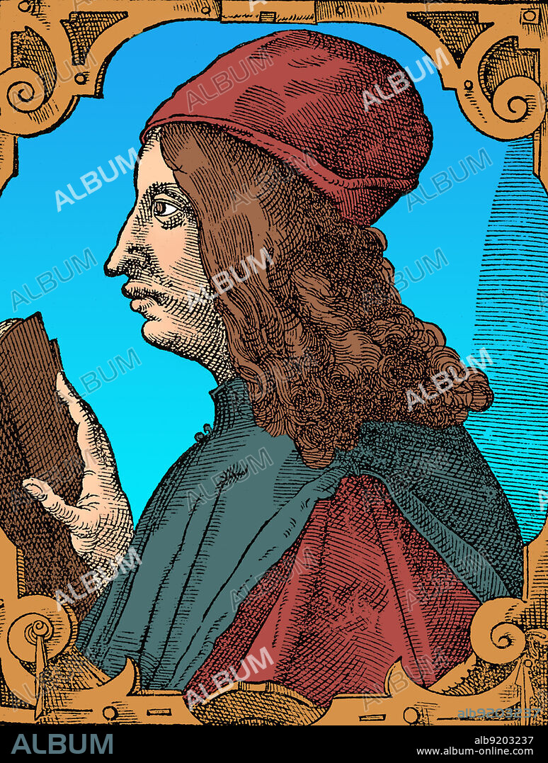 Giovanni Pico della Mirandola (1463-1494) was an Italian Renaissance philosopher who wrote the Oration on the Dignity of Man, a key text of Renaissance humanism. He was the founder of the tradition of Christian Kabbalah, a key tenet of early modern Western esotericism. His 900 Theses was the first printed book to be universally banned by the Church. Woodcut by Tobias Stimmer, 1589. Colorized.