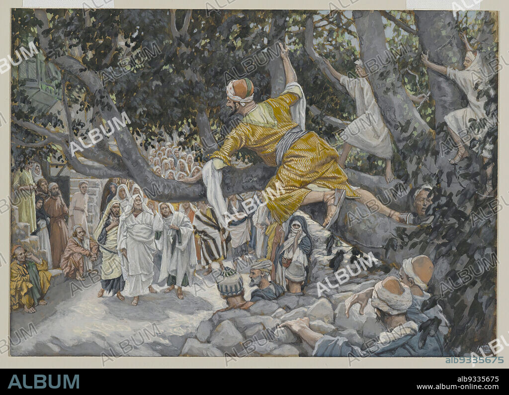 Zacchaeus in the Sycamore Awaiting the Passage of Jesus, Zachée sur le sycomore attendant le passage de Jésus, The Life of Our Lord Jesus Christ, La Vie de Notre-Seigneur Jésus-Christ, James Tissot, French, 1836-1902, Opaque watercolor over graphite on gray wove paper, France, 1886-1896, Image: 7 1/8 x 9 15/16 in., 18.1 x 25.2 cm, followers, Jesus, Luke 19:2, New Testament, preaching, Tissot, tree, Zacchaeus.
