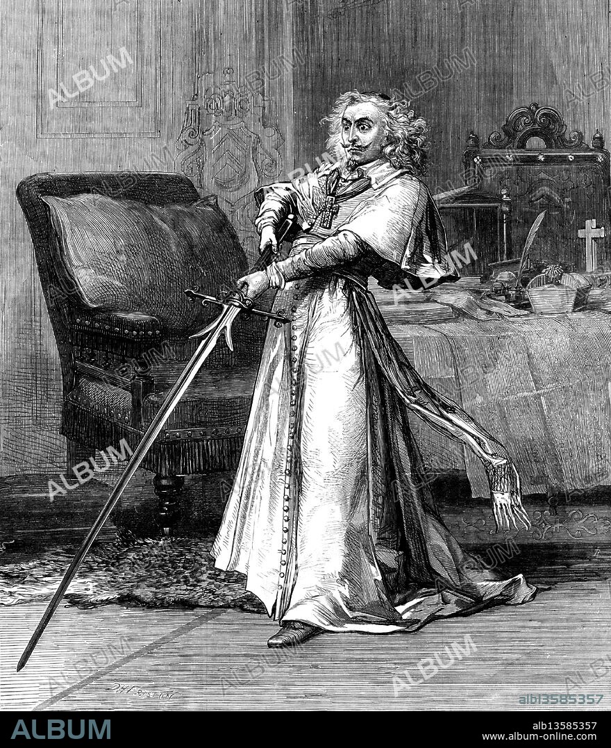 With this I, at Rochelle, did hand to hand engage the stalworth Englishers, scene from "Richelieu", 1873. Lyceum theatre production. 'The assumption by Mr. Henry Irving of the character of Richelieu, in Lord Lytton's tragedy, has become a feature in the theatrical history of the period. His portrait of the old Cardinal-Statesman is marked by many distinguishing and peculiar touches, which give it sufficient individuality, and, indeed, make it worthier of consideration as a work of art. It is marked rather, however, by intellectual power than physical energy; and where the latter is required a strain on the system is perceptible which substitutes natural incapacity for simulated weakness, and so far interferes with the spectator's enjoyment. The scene (act ii. scene 2) selected by our Artist is that wherein the Cardinal tries his ancient battle-sword, that proves too large and heavy for the old man, and makes manifest to him the infirmity of age, which for the moment, being excited, he had forgotten. The business and action of the scene are very interesting, but require judicious handling. Mr. Irving is studiously picturesque...Altogether, the treatment of the incident is highly creditable, we think, both to the actor and the artist'. From "Illustrated London News", 1873.
