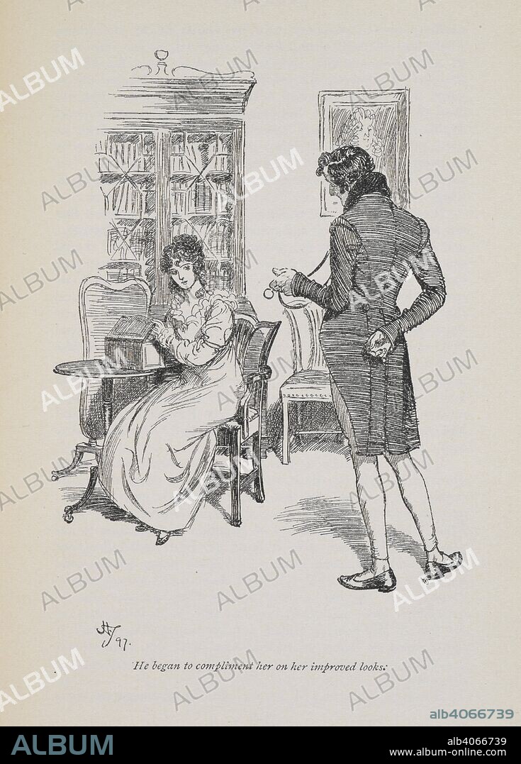 JANE AUSTEN and HUGH THOMSON. 'He began to compliment her on her improved looks'. Northanger Abbey and Persuasion With illustrations by Hugh Thomson and an introduction by Austin Dobson. London : Macmillan & Co., 1897. Source: 012624.ee.28 opposite 344.
