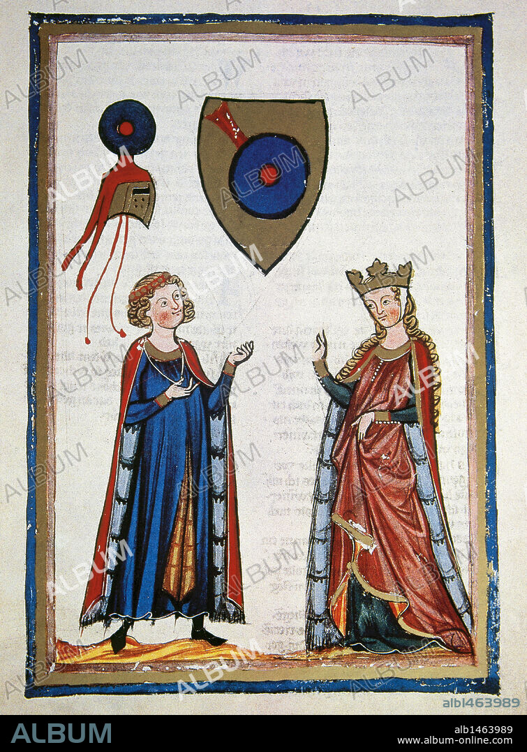 MANESSE FAMILY. Austrian poet Der Von Kürenberg (mid 12th century), talking to a lady. Fol. 63r. Codex Manesse (ca.1300) by Rudiger Manesse and his son Johannes. University of Heidelberg. Library. Germany.