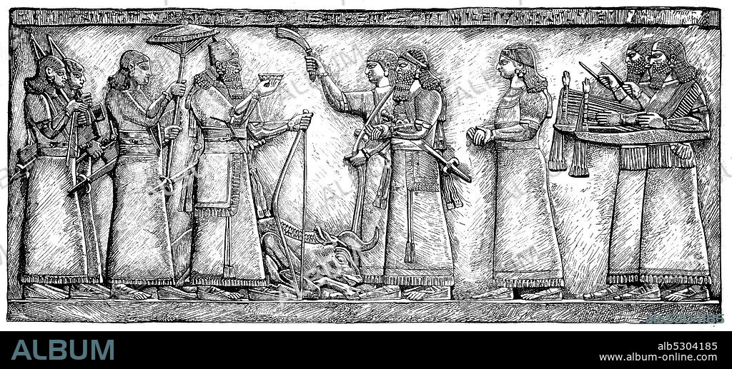 Assur-napir-apli II, also Aschur-nasir-apli, Assur-nasirpal, ruled as Assyrian king from 883 to 859 BC, here he brings the gods a drink offering after his victory over the wild bull, Assyrian Empire.