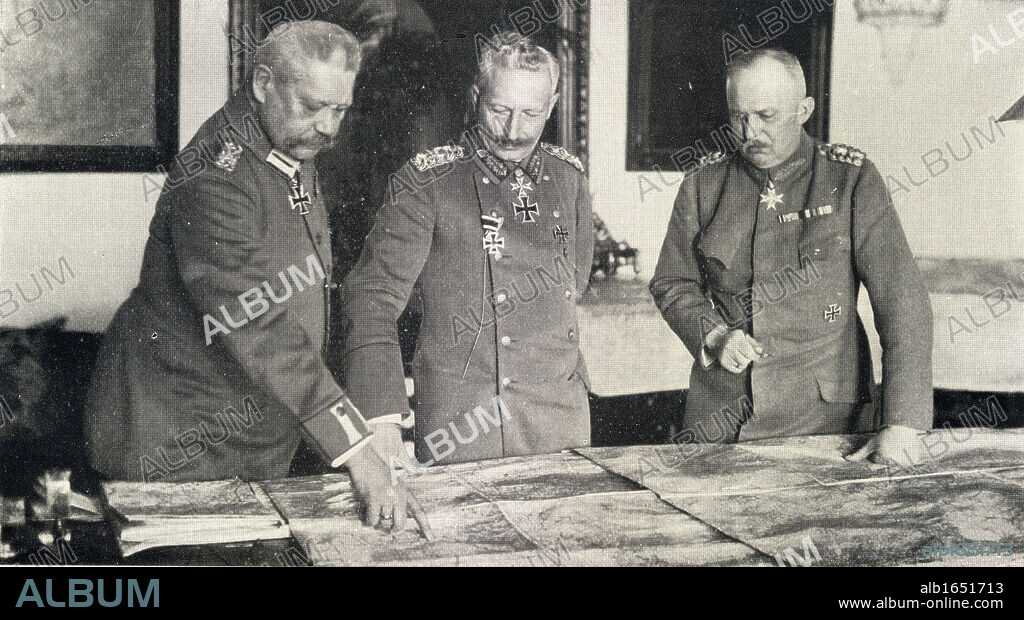 Paul Von Hindenburg, 1847-1934. General and commander-in-chief of German armies 1914 .Kaiser Wilhelm II, 1859-1941. Emperor of Germany, King of Prussia, 1888-1918 and Erich Von Ludendorff, 1865-1937 chief of staff to Hindenburg.