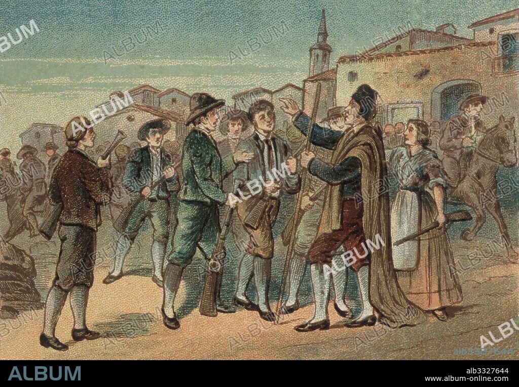 Historia de España. Proclamación del Bando de los alcaldes de Móstoles el 2 de mayo de 1808, considerado popularmente como la declaración de guerra contra los franceses que inició la Guerra de la Independencia.