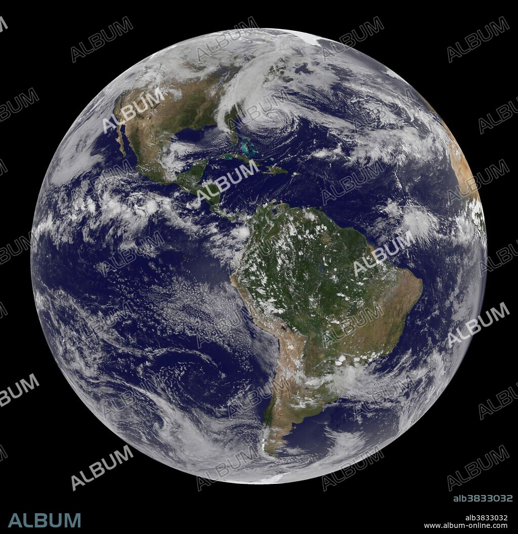 Hurricane Sandy seen from space. Shown are here are how a line of clouds from a continental weather system run south to north along the Appalachian Mountains, approaching from the west to meet the offshore storm. At 2 p.m. EDT, shortly after this image was taken, the U.S. National Hurricane Center reported that Sandy was about 575 miles (930 kilometers) south of New York City. Maximum sustained winds were observed at 75 miles (120 kilometers) per hour, and the barometric pressure at the center of the storm was 951 millibars (28.08 inches). The Geostationary Operational Environmental Satellite 13 (GOES-13) took this image of Hurricane Sandy at 1:45 p.m. EDT on October 28, 2012.