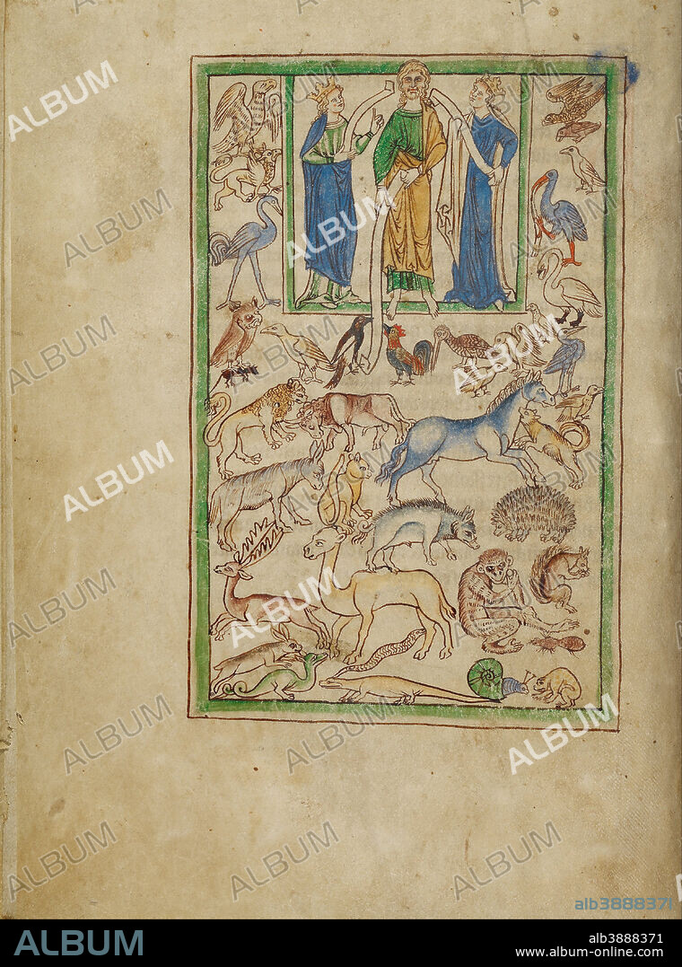 UNKNOWN. Adam Naming the Animals. Date/Period: Ca. 1250 - 1260. Folio. Pen-and-ink drawings tinted with body color and translucent washes on parchment. Height: 210 mm (8.26 in); Width: 157 mm (6.18 in).