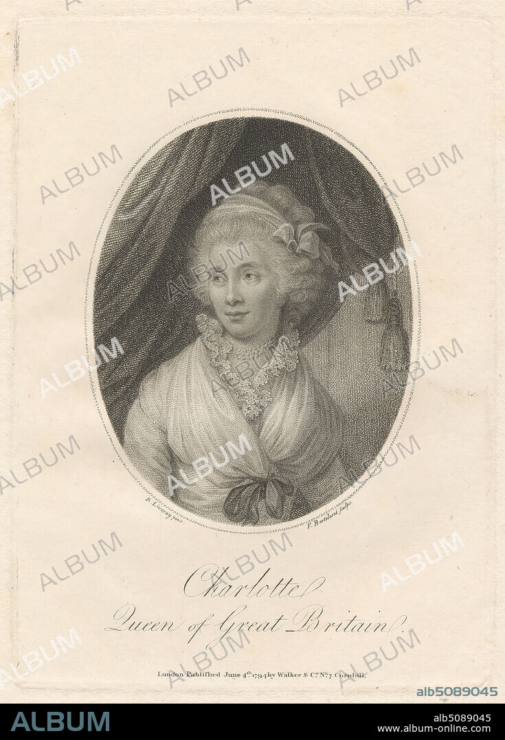 Queen Charlotte, Print made by Francesco Bartolozzi RA, 17281815, Italian, active in Britain (176499), after Richard Livesay, 17531826, British, 1794, Stipple engraving and etching in black ink on medium, slightly textured, cream wove paper, Sheet: 10 1/8 x 6 15/16 inches (25.7 x 17.7 cm), Plate: 6 5/8 x 4 5/8 inches (16.8 x 11.7 cm), and Image: 4 x 3 1/8 inches (10.1 x 7.9 cm), bow (costume accessory), drapes, dress, fichu, lace, oval, pearls, portrait, queen (person), ribbon, tassels, wig, woman.