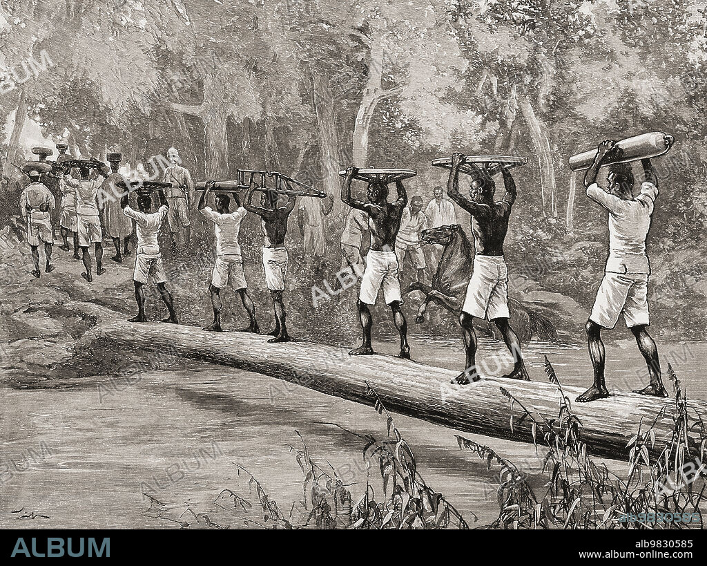 Captured men from Keri in the Sudan are led into slavery by Turkish slave traders. After a c.1855 work by French painter and illustrator Karl Girardet, 1813 - 1871.