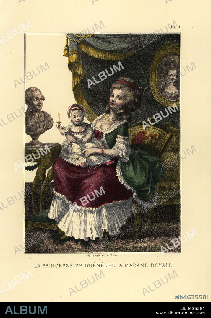 Victoire de Rohan, Princess of Guemene, holding the baby Marie Therese, daughter of Marie Antoinette and Louis XVI. La Princesse de Guemenee et Madame Royale. Hand-coloured lithograph after Pierre Thomas le Clerc from Fashions and Customs of Marie Antoinette and her Times, by Le Comte de Reiset, Paris, 1885. The journal of Madame Eloffe, dressmaker and linen-merchant to the Queen and ladies of the court.