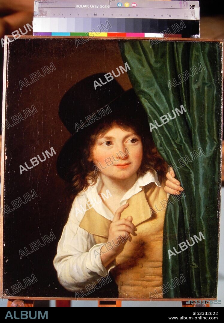 JEAN-LOUIS LANEUVILLE. Portrait of a boy, standing by a curtain.