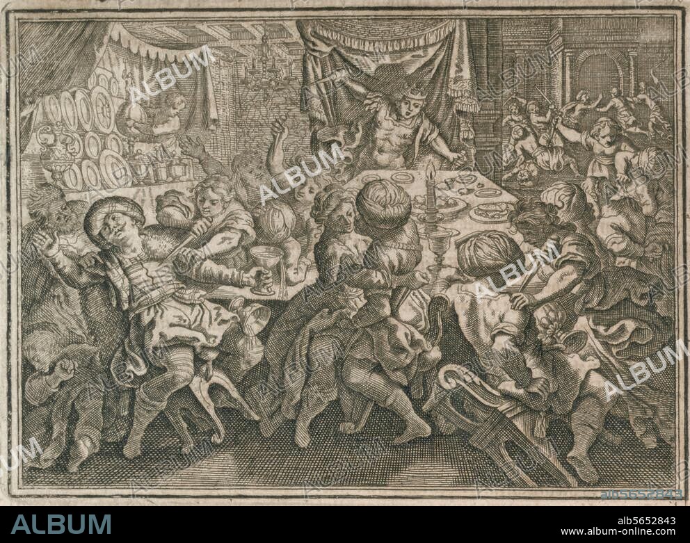 Alexander I., König von Makedonien. (489-454 v. Chr.). Alexander läßt bei einem Gastmahl seines Vaters Amyntas durch als Mädchen verkleidete Jünglinge zahlreiche Perser töten. Kupferstich von Matthäus Merian d. Ä. (1593-1650). Aus: Johann Ludwig Gottfried, Historische Chronica, Frankfurt a. M. (M.Merian) 1630, S. 104. Berlin, Sammlung Archiv für Kunst und Geschichte.