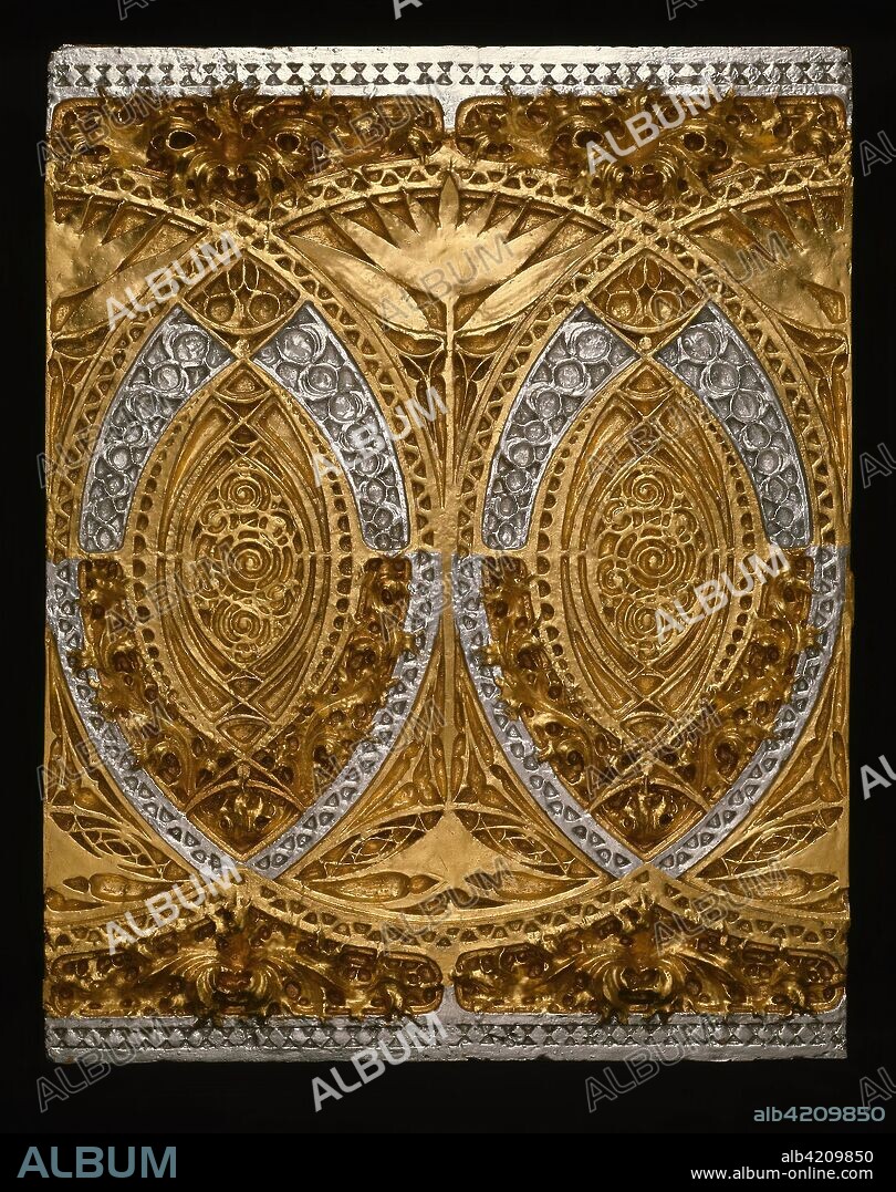 ARCHITECTS ADLER & SULLIVAN (ARCHITECT). Schiller Theatre Building, Chicago, Illinois: Banquet Room Frieze Panel (Restored), German Opera House: Banquet Room Frieze Panel (Restored)., Garrick Theatre Building: Banquet Room Frieze Panel (Restored). Adler & Sullivan, Architects; American, 1881-1895. Date: 1886-1898. Dimensions: 99 × 78.2 × 4 cm. Gold, silver, and bronze paint on reconstructed plaster. Origin: Randolph Street, 64 West.