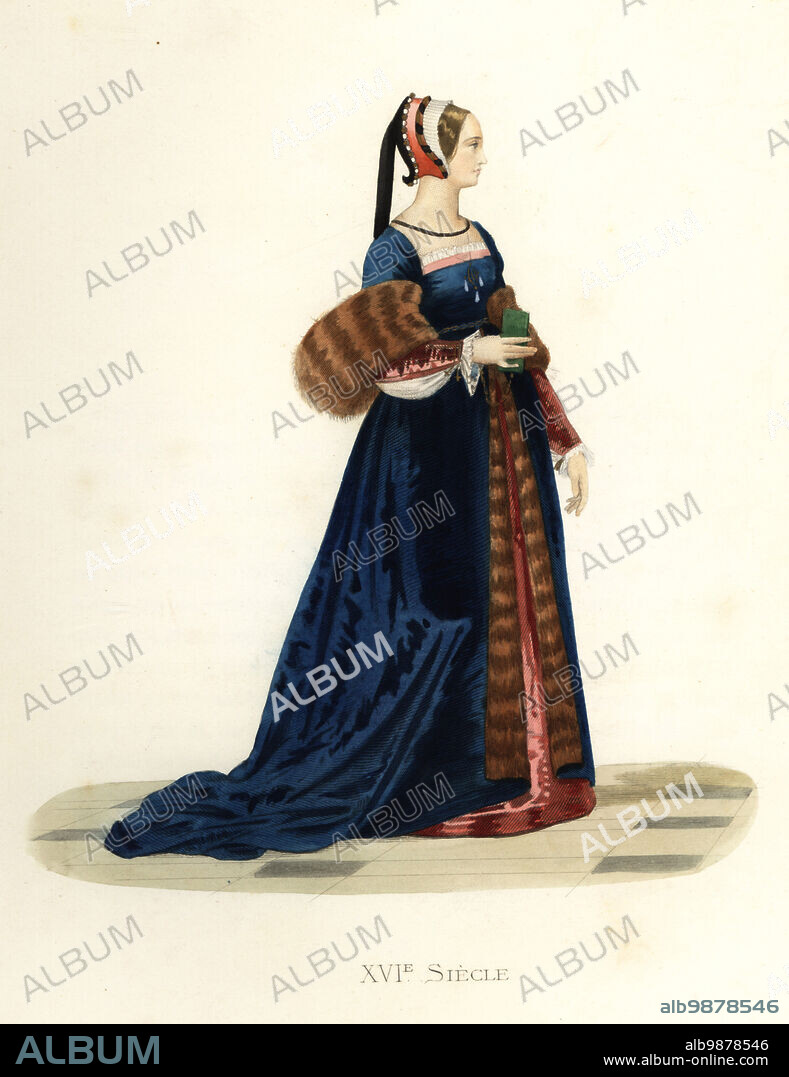 Courtier of King Francis I. She wears a multi-coloured chaperon hood, fur-lined gown with square-cut bodice over a red silk robe. Dame de la Cour de Francois I. After a painting on vellum in the de Gaignieres collection in the Cabinet des Estampes, Paris. Handcolored lithograph after an illustration by Edmond Lechevallier-Chevignard from Georges Duplessis's Costumes historiques des XVIe, XVIIe et XVIIIe siecles (Historical costumes of the 16th, 17th and 18th centuries), Paris, 1867. Edmond Lechevallier-Chevignard was an artist, book illustrator, and interior designer.