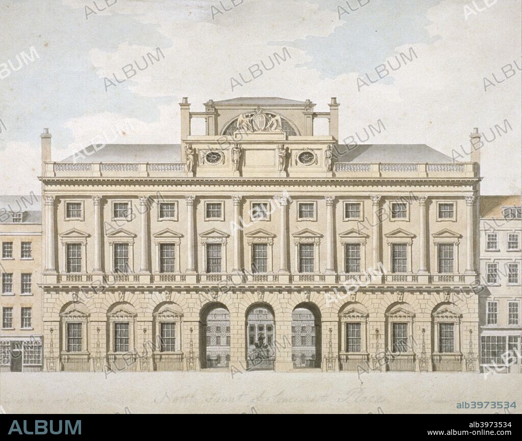 View of the north front of Somerset House in the Strand, Westminster, London, 1798. Designed by Sir William Chambers in the late 18th century, Somerset House originally housed public offices, including the Navy Board and the three principal learned societies. It was later converted to house three art collections: the  Gilbert Collection, the Hermitage Rooms and Courtauld Institute of Art Gallery.