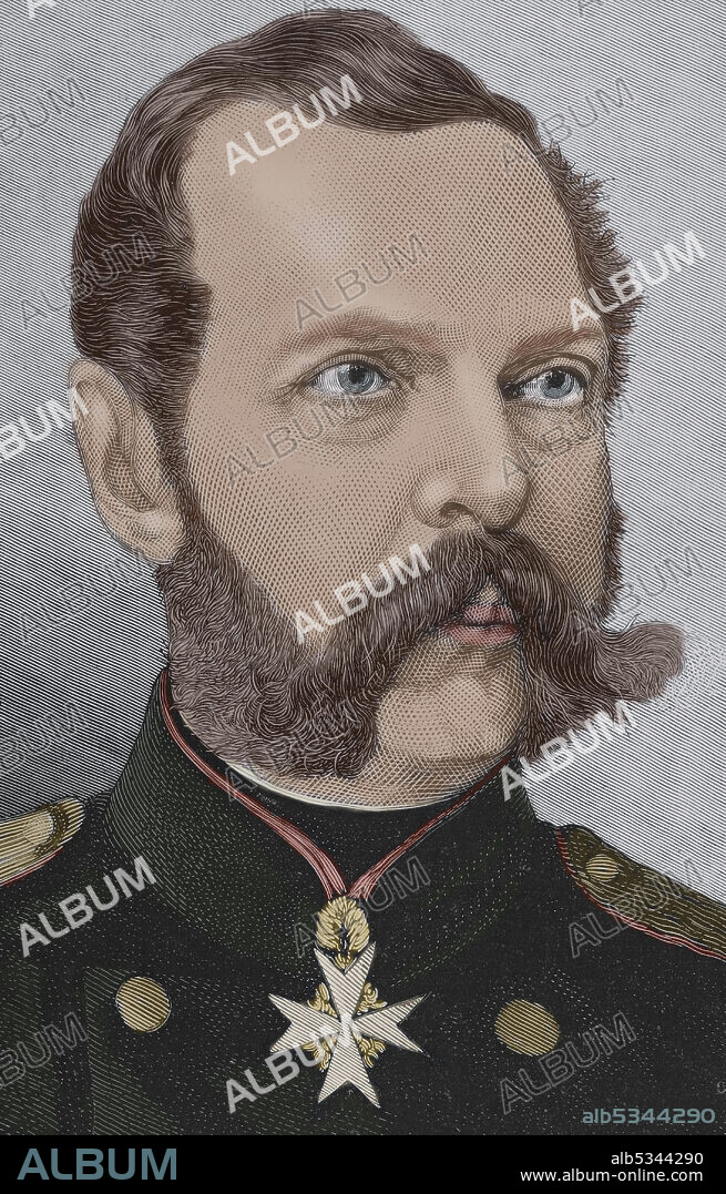 Alejandro II de Rusia (1818-1881). Zar del imperio ruso desde 1855 a 1881. Retrato, detalle. Grabado coloreado. La Ilustración Española y Americana, 8 de marzo de 1881.