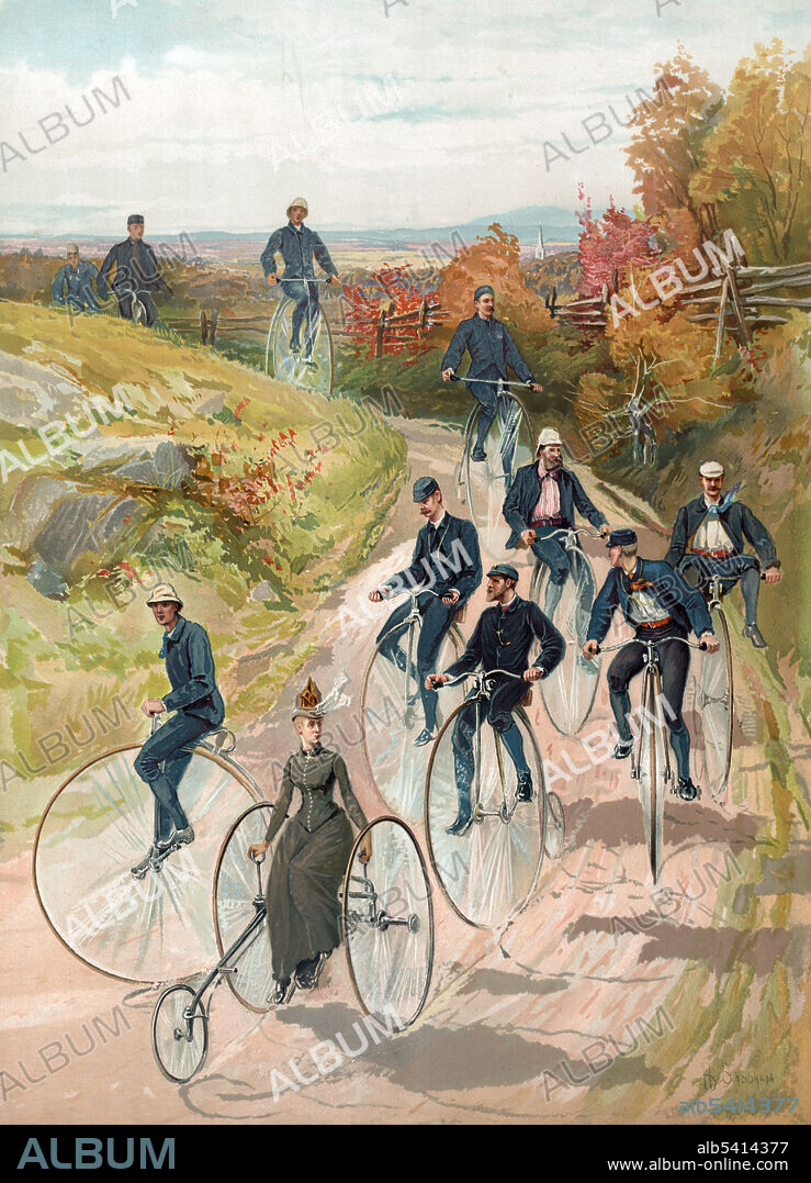 Woman, on three wheel bicycle, followed by men on high-wheelers. The penny-farthing, also known as a high wheel, and high wheeler, was the first machine to be called a bicycle. It was popular in the 1870s and 1880s, with its large front wheel providing high speeds (large distance for every rotation of the legs) and comfort (shock absorption through the wheel). Although the trend was short-lived, the penny-farthing became a symbol of the late Victorian era. Its popularity also coincided with the birth of cycling as a sport. The penny-farthing became obsolete from the late 1880s with the development of the modern bicycle, which provided similar speed amplification via chain-driven gear trains and comfort through pneumatic tires. Aquarelle print by L. Prang & Company, 1887.