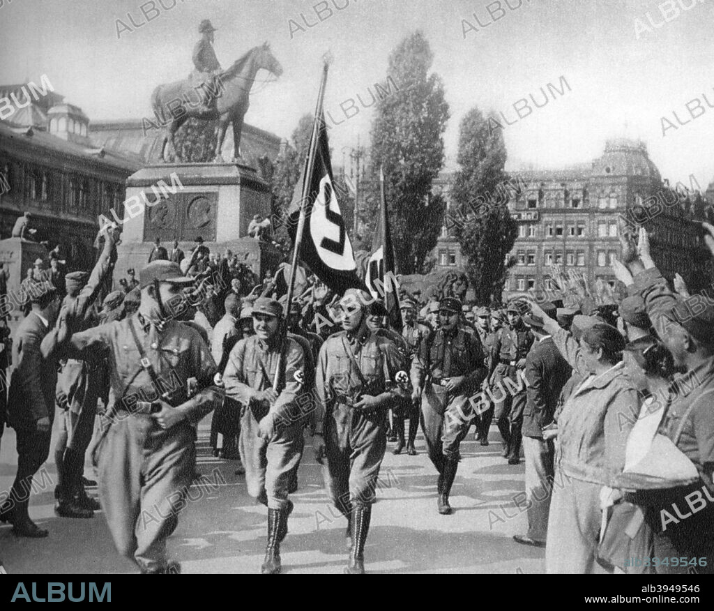 Nazis marching through Nuremberg, Germany, 1929. The Nazi Party held annual political rallies at Nuremberg from 1927 until 1938. After the Nazis claimed power in 1933 the rallies became massive state propaganda events. A print from Kampf um's Dritte Reich: Historische Bilderfolge, Berlin, 1933.