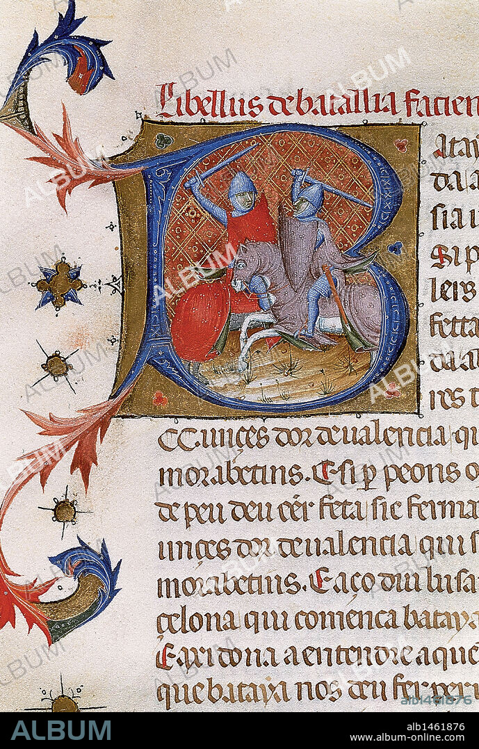 ARTE GOTICO. ESPAÑA. S. XIV. "LLIBRE VERD". Libro de los Privilegios de la Ciudad de Barcelona. Copia miniada por ARNAU DE PENNA en 1380. Miniatura del tratado "De batalla" intitulado también "Libellus de batallia facienda", compilado entre 1251 y 1255 y que va como apéndice de los "Usatges". Miniatura representando una batalla privada entre dos caballeros.