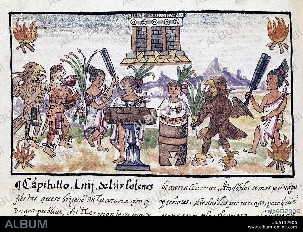 DIEGO DURÁN. HISTORY OF THE INDIES OF NEW SPAIN - CELEBRATION OF THE CORONATION OF MOCTEZUMA - 16TH CENTURY.