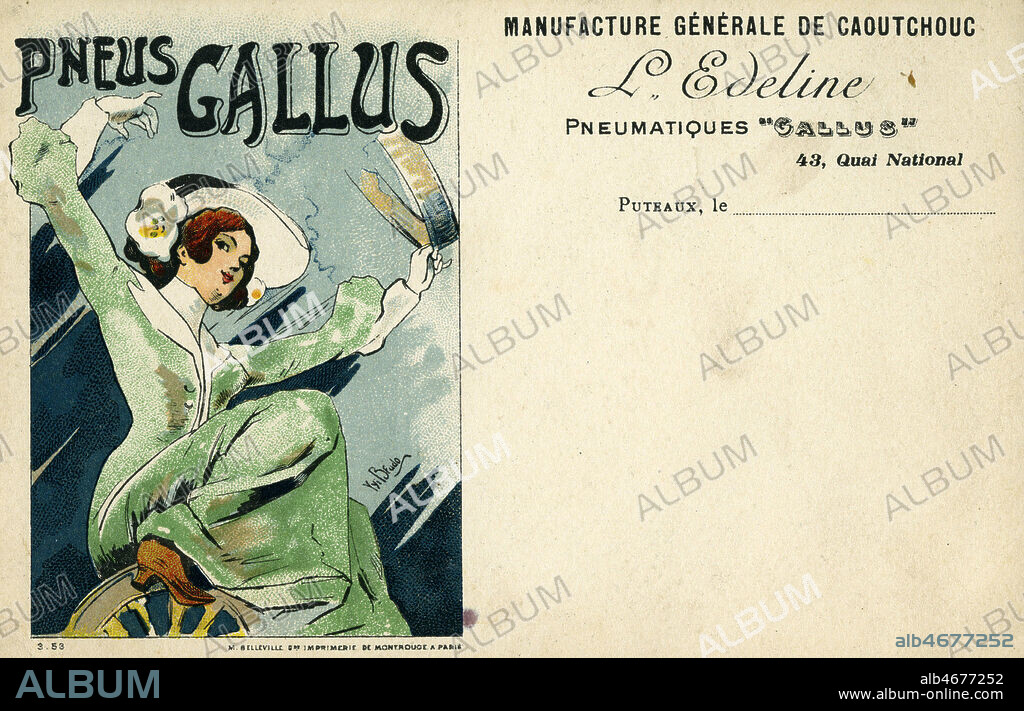 'Pneus Gallus, manufacture generale de caoutchouc L'Edeline'. Carte postale publicitaire vers 1904. Illustration anonyme (signature illisible). Credit : Collection IM/KHARBINE-TAPABOR.
