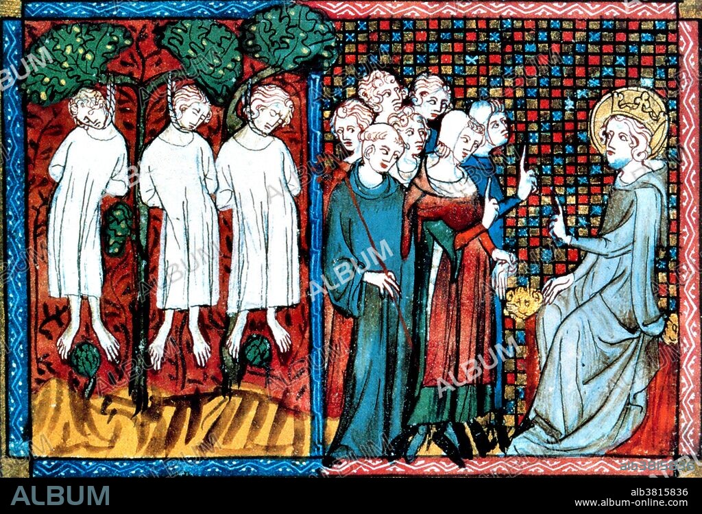 King Louis IX of France passes judgement when the Abbot of Saint Nicholas-au-Bois accuses a knight (Enguerrand De Coucy) of wrongly hanging three young men. From a French illustration of 1330. Louis IX (April 25, 1214 - August 25, 1270), commonly Saint Louis, was King of France from 1226 until his death. He is the only canonized king of France. Louis went on two crusades, in his mid-30s in 1248 (Seventh Crusade) and then again in his mid-50s in 1270 (Eighth Crusade). His patronage of the arts drove much innovation in Gothic art and architecture, and the style of his court radiated throughout Europe by both the purchase of art objects from Parisian masters for export and by the marriage of the king's daughters and female relatives to foreign husbands and their subsequent introduction of Parisian models elsewhere. He was a devout Catholic, and he built the Sainte-Chapelle (Holy Chapel), located within the royal palace. Louis died at Tunis in 1270 during his second crusade. He was traditionally believed to have died from the bubonic plague but the cause is thought by modern scholars to have been dysentery.
