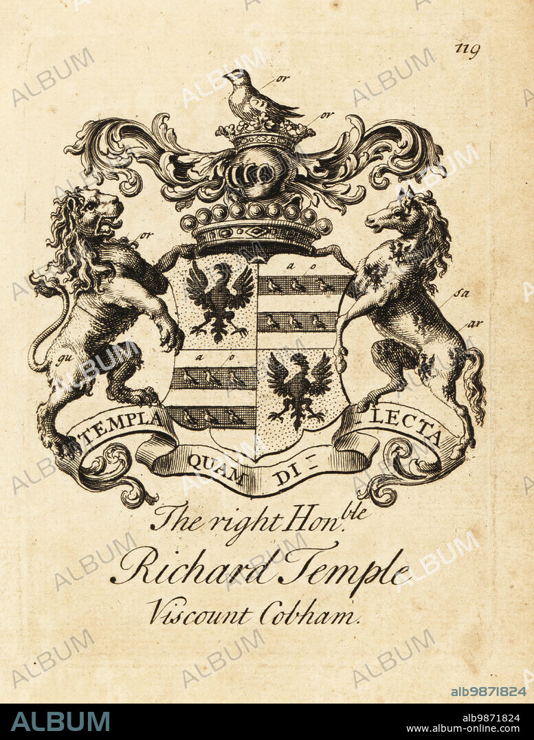 Coat of arms of the Right Honourable Richard Temple, 1st Viscount Cobham, (1675-1749). Copperplate engraving by Andrew Johnston after C. Gardiner from Notitia Anglicana, Shewing the Achievements of all the English Nobility, Andrew Johnson, the Strand, London, 1724.