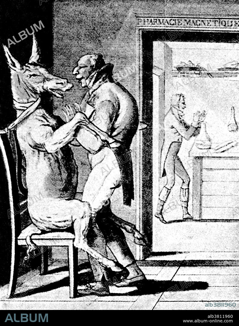 Entitled: "Nos facultes sont en rapport". The roles here are reversed: the Ass is hypnotized. In the background is a magnetic pharmacy with magnetized calves feet and head. Animal magnetism was the name given by the German doctor Franz Mesmer in the 18th century to what he believed to be an invisible natural force exerted by animals. He believed that the force could have physical effects, including healing. He tried persistently but without success to achieve scientific recognition of his theories. The theory attracted numerous followers in Europe and the United States and was popular into the nineteenth century. For about 75 years from its beginnings in 1779 it was an important speciality in medicine, and continued to have some influence for about another 50 years. Hundreds of books were written on the subject between 1766 and 1925. Today it is almost entirely forgotten. Animal magnetism is still practiced as a form of alternative medicine in some countries. Magnetic practices are not recognized as part of medical science. Illustration appeared in De arts in Caricatuur, 1925.