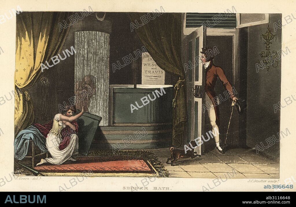 Shower Bath: women taking a cold shower in a bathroom hiding their modesty from a male intruder, 19th century. Handcoloured copperplate engraving by Thomas Rowlandson, aquatint by J.C. Stadler, after a sketch by J. Green from Poetical Sketches of Scarborough, Ackermann, London, 1813.