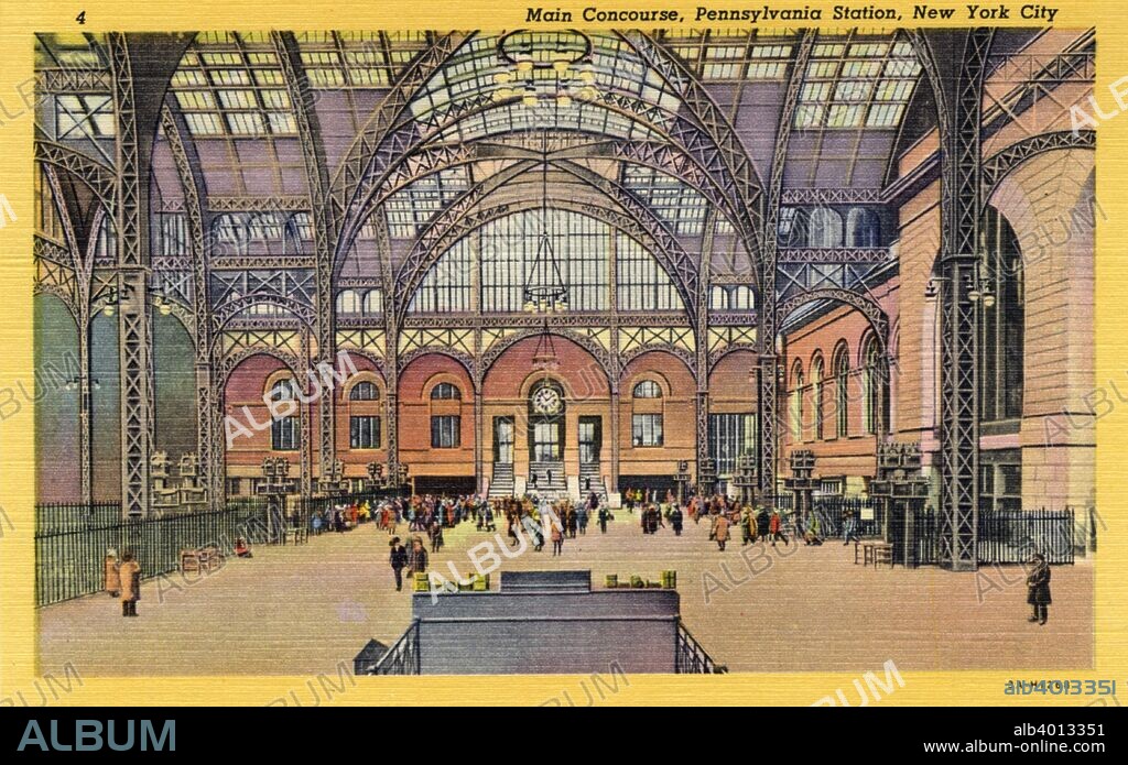 Main concourse, Pennsylvania Station, New York City, New York, USA, 1933. Vintage linen postcard showing the interior main waiting room with it's arched windows, iron columns and high ceilings. Pedestrians walk through the main hall. Pennsylvania Station was built in 1910 in Beaux-Arts style for the Pennsylvania Railroad Company. The building, which was designed by McKim, Mead and White, was regarded as one of the architectural jewels of New York. Widespread outrage was generated  in 1962 when the decision was made to demolish it and replace it with the Pennsylvania Plaza complex, which includes Madison Square Garden, with the station facilities located below street level. Today the station remains the main intercity rail terminal of New York City and the busiest railway station in the United States, serving 600,000 passengers a day.