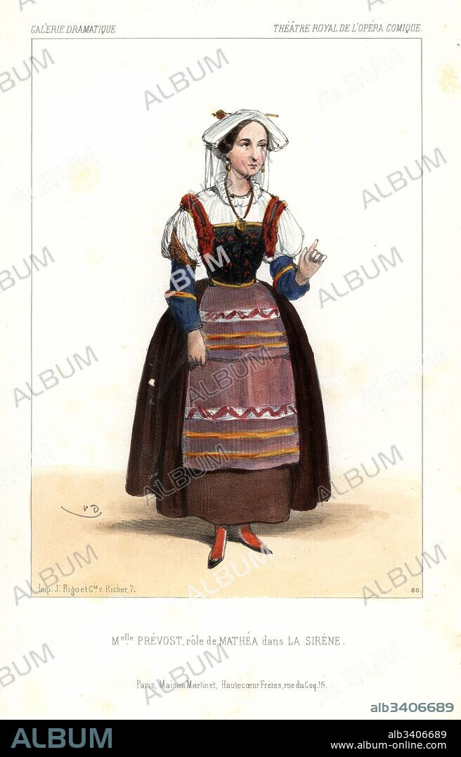Soprano opera singer Mlle Zoe Prevost as Mathea in La Sirene by Daniel Auber and Eugene Scribe, Theatre Royal de l'Opera Comique, 1844. Handcoloured lithograph after an illustration by Victor Dollet from Galerie Dramatique: Costumes des Theatres de Paris, Paris, 1845.