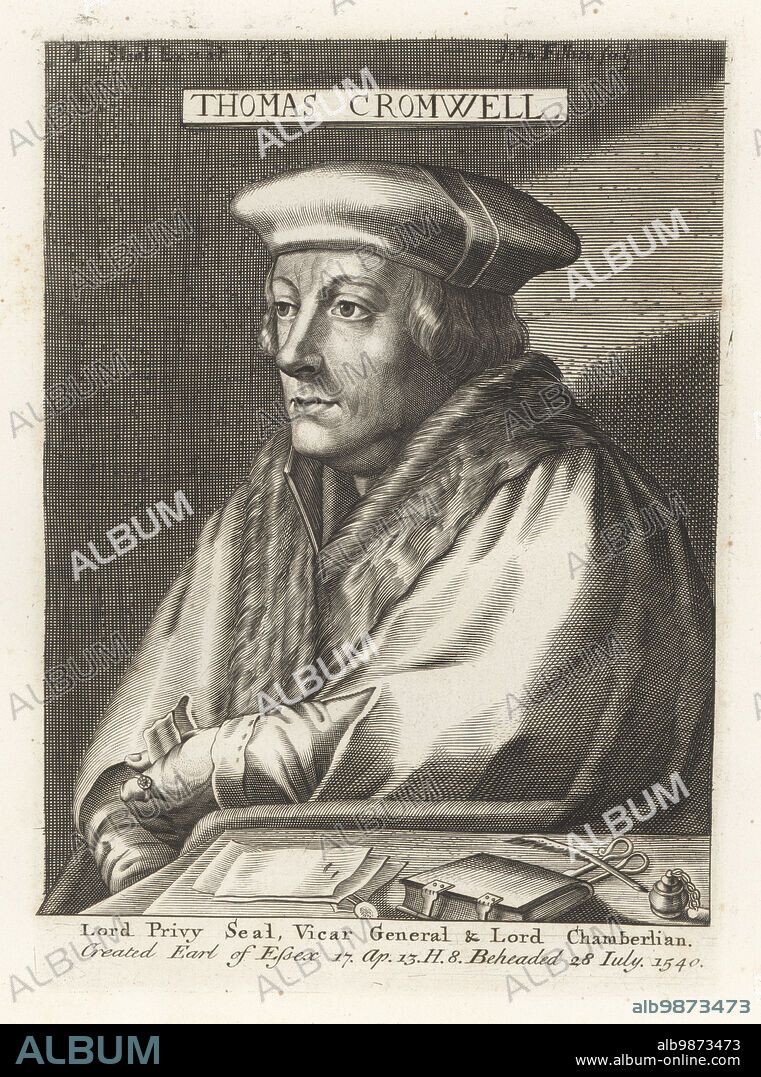 Thomas Cromwell, Earl of Essex, c.1485-1540. Lord Privy Seal, Vicar General and Lord Chamberlain to King Henry VIII of England. Beheaded 28 July 1540. At his desk with quill pen, papers, inkwell, book with clasps. Copperplate engraving by John Filian for Peter Stent after a portrait by Hans Holbein from Samuel Woodburns Gallery of Rare Portraits Consisting of Original Plates, George Jones, 102 St Martins Lane, London, 1816.