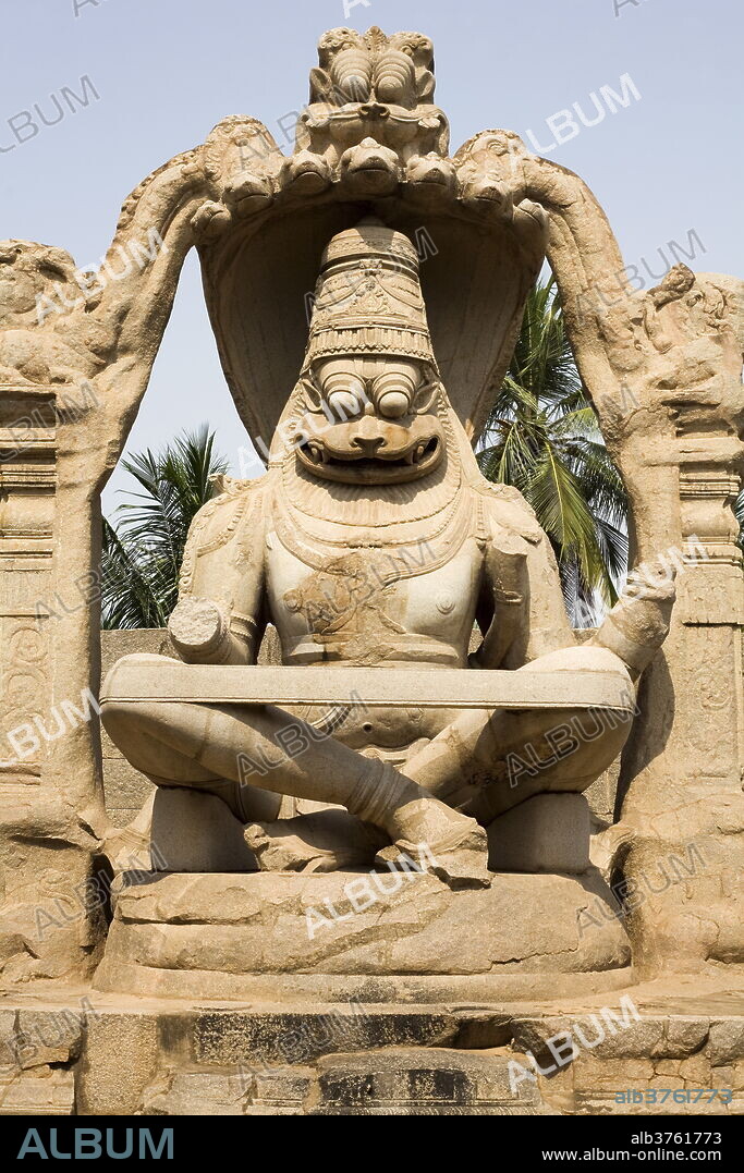 The Narasimha Monolith from 1528 AD shows Vishnu as half-lion, half-man at Hampi, UNESCO World Heritage Site, Karnataka, India, Asia.