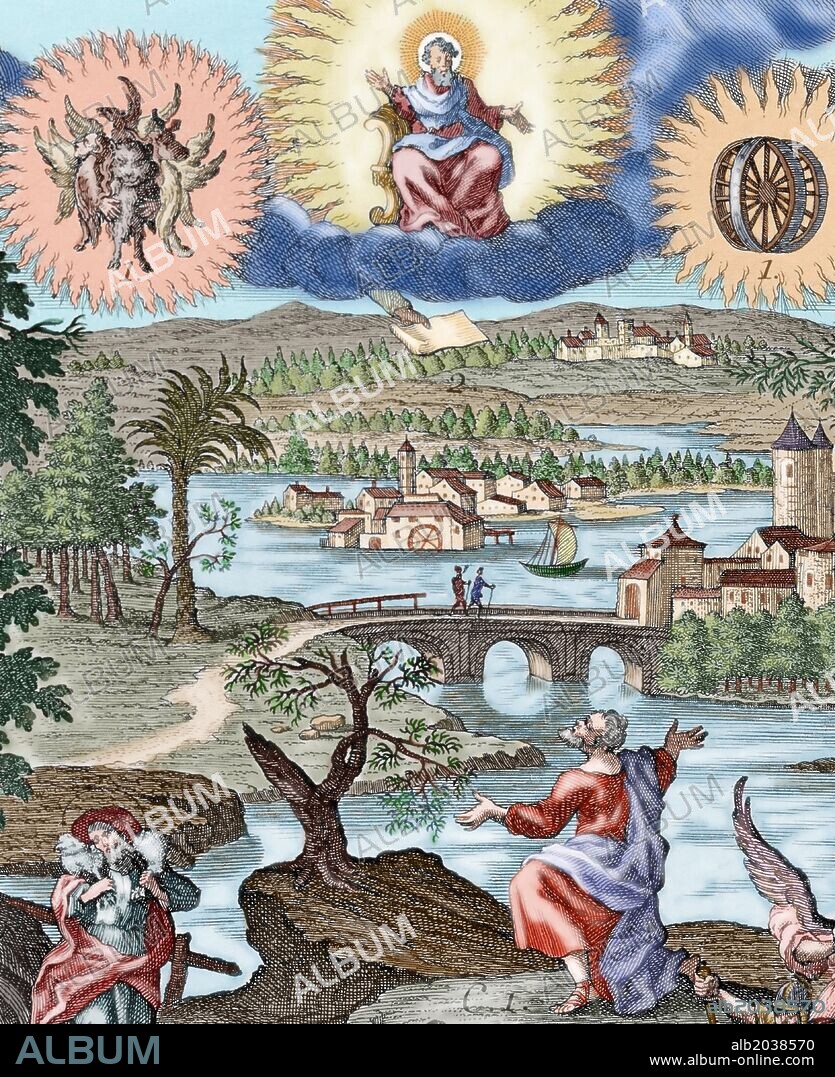 Ezekiel (622-570 BC). Hebrew prophet. Vision of Ezekiel. Colored engraving.