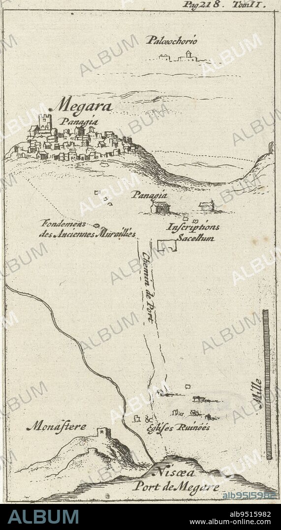 Print marked top right: Pag. 218. Tom. II., Map of Megara Megara , print maker: Jan Luyken, publisher: Hendrick en Dirk Boom, Amsterdam, 1679, paper, etching, h 126 mm × w 70 mm.