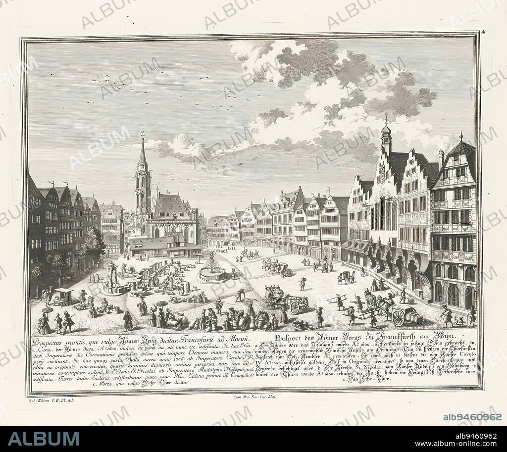View of Römerberg, at Frankfurt am Main, Prospectus montis, qui vulgó Römer-Berg dicitur, Francofurti ad Moenu (...) / Prospect des Römer-Bergs zu Frankfurth am Maïn (...) (title on object), View of Römerberg, at Frankfurt am Main. Numbered top right: 4., print maker: Georg Daniel Heumann, (possibly), after drawing by: Salomon Kleiner, (mentioned on object), publisher: Johann Andreas Pfeffel (der Ältere), Augsburg, 1738, paper, engraving, etching, height 270 mm × width 341 mm.