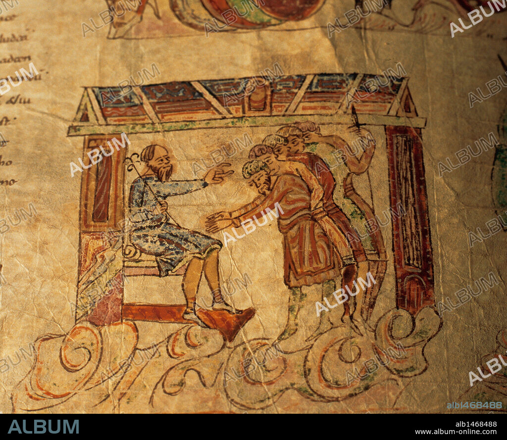 "VASALLAJE A UN REY O MANDATARIO". S. XI. Detalle de una miniatura de la BIBLIA DE RIPOLL (BIBLIA DE FARFA) iluminada en el escritorio del monasterio de Ripoll. Biblioteca Apostólica Vaticana. Italia.