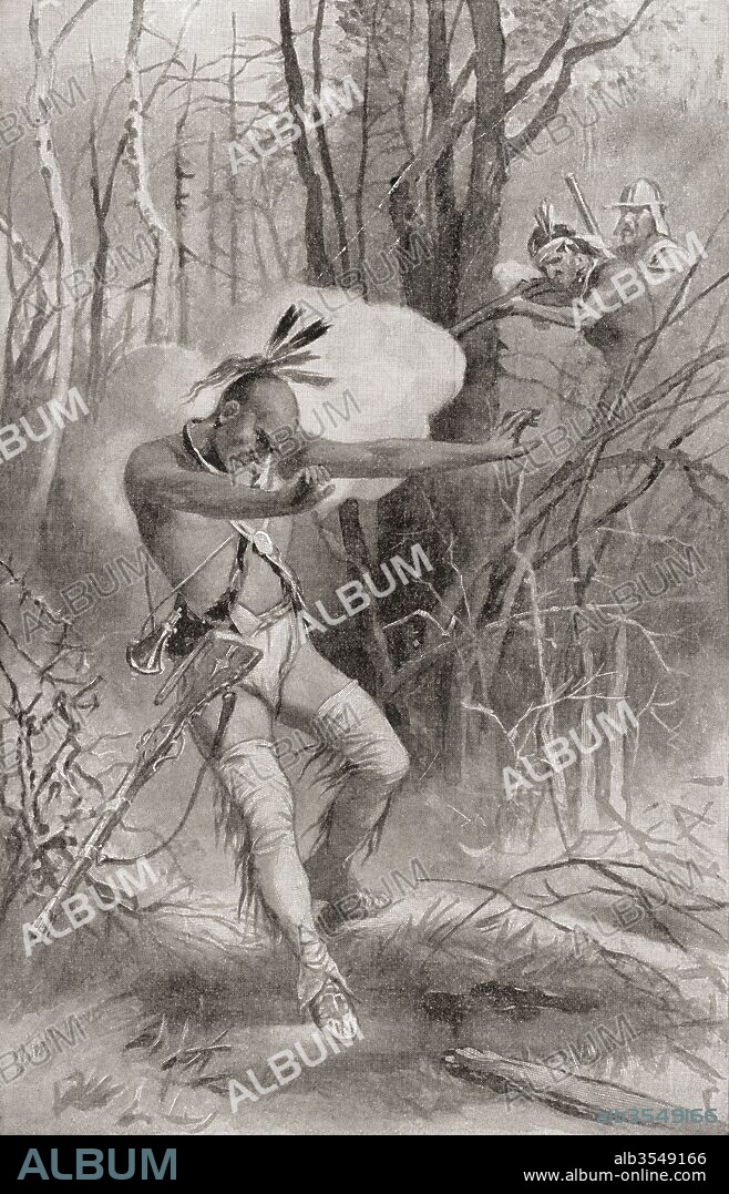 The death of Metacomet, aka by his adopted English name King Philip, in 1676, during King Philip's War, aka First Indian War, Metacom's War, Metacomet's War, or Metacom's Rebellion. Metacomet, member of the Wampanoag native American Indian Tribe. From The History of Our Country, published 1899.