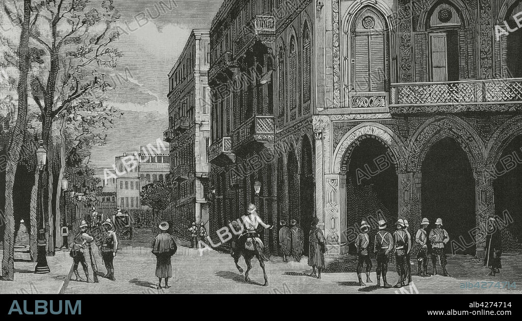 Egipto. Ocupación de El Cairo por los ingleses. Calle de Esbekiyeh, llamada por los europeos "del Hotel-Sepheard", en el cual se hospedaban varios generales británicos. Grabado. La llustración Española y Americana, 15 de octubre de 1882.