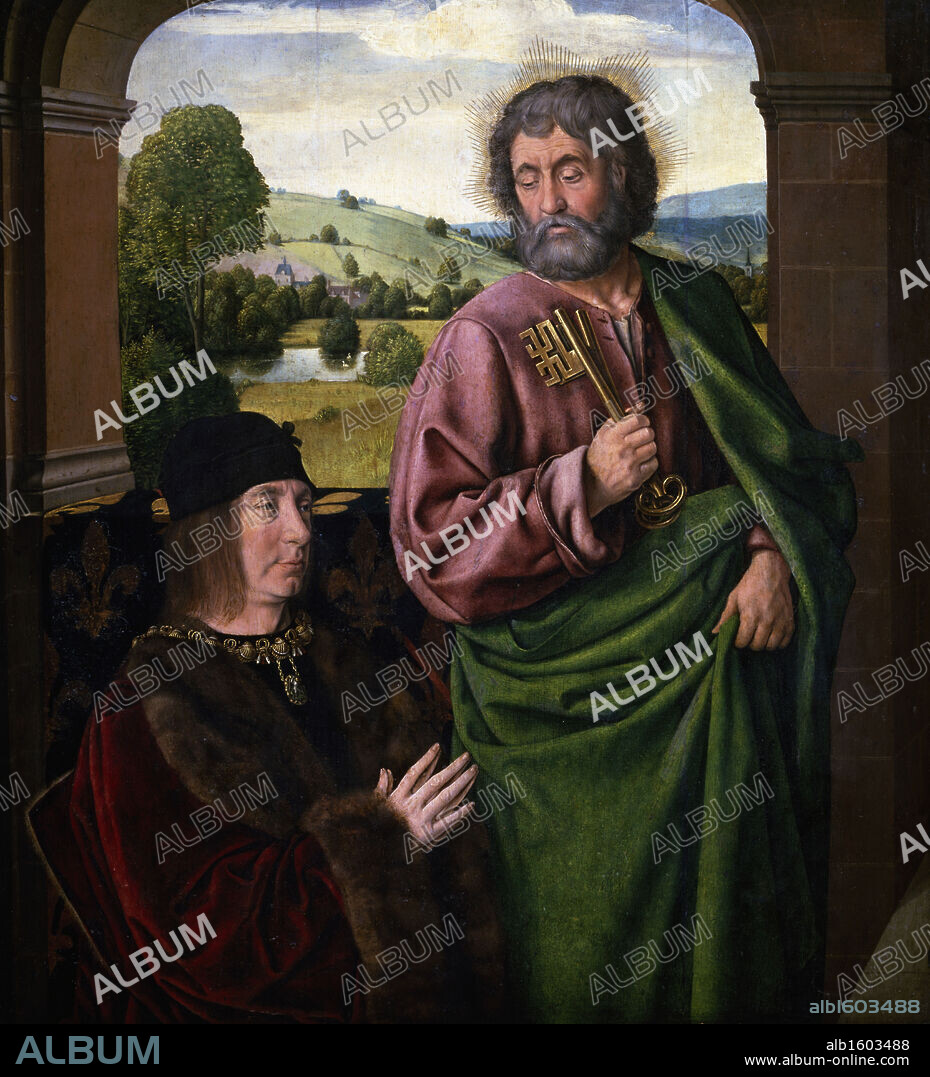 JEAN HEY (MASTER OF MOULINS). Portrait of Pierre II,  Duke of Bourbon with Saint Peter by Jean Hey,  Circa 1492-1493,  France,  Paris,  Musee du Louvre.